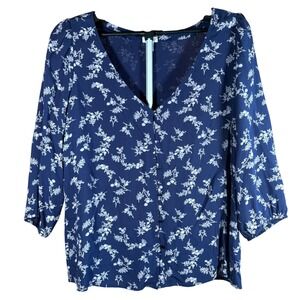 Hinge Navy Floral Button down V-Neck 3/4 Sleeve Rayon Blouse Size M Cottagecore